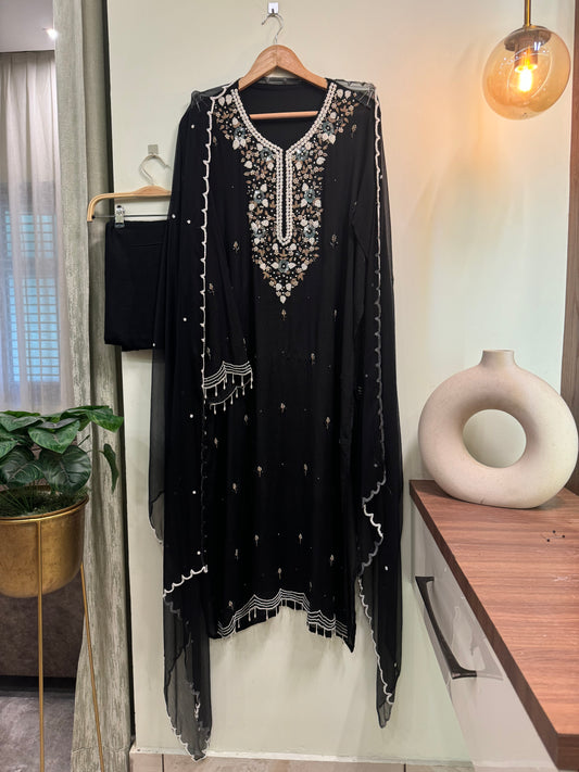 Premium Chiffon handwork semi-stitched suit-Black