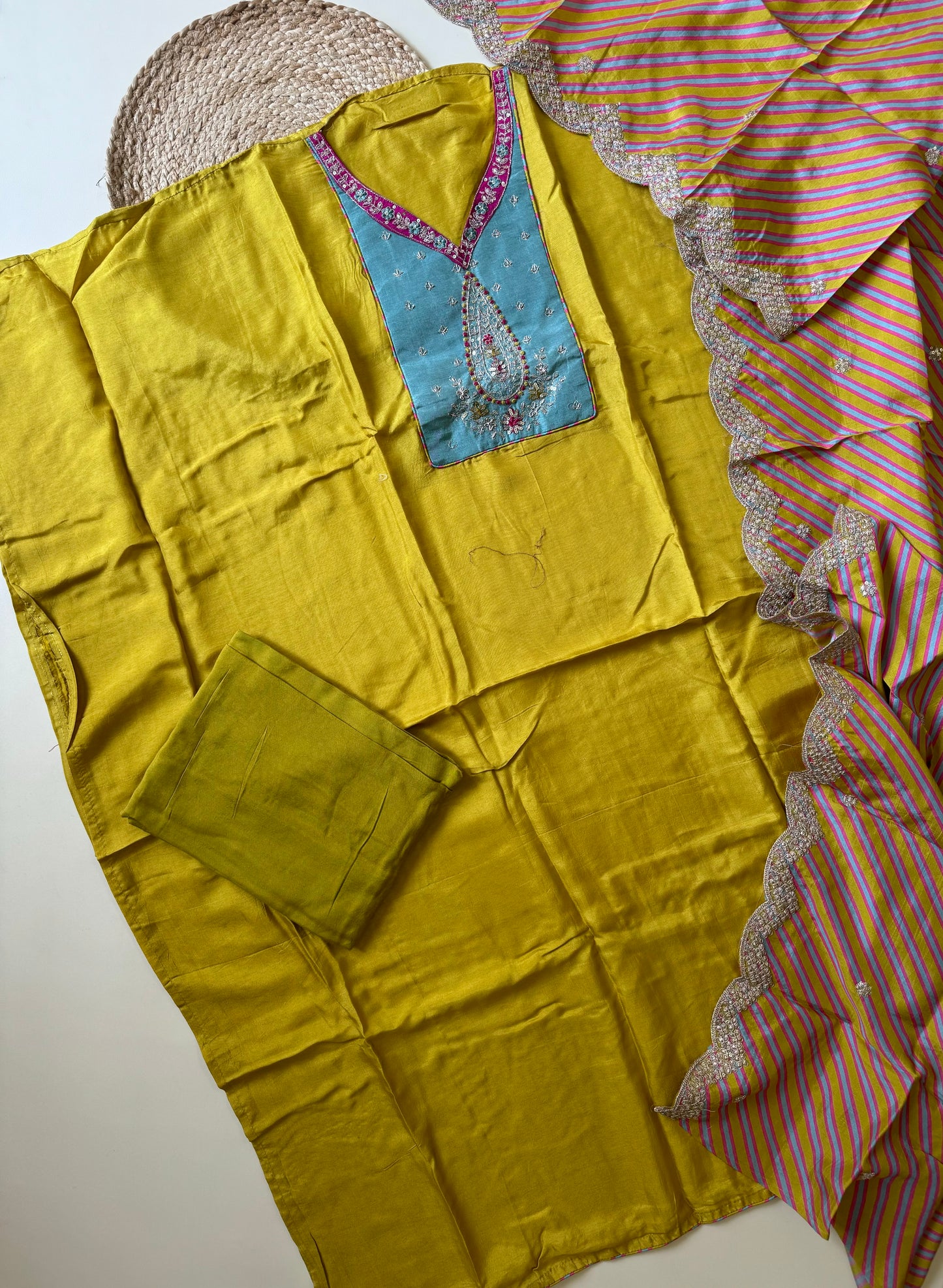 Yellow unstitched silk suit with scalloped dupatta