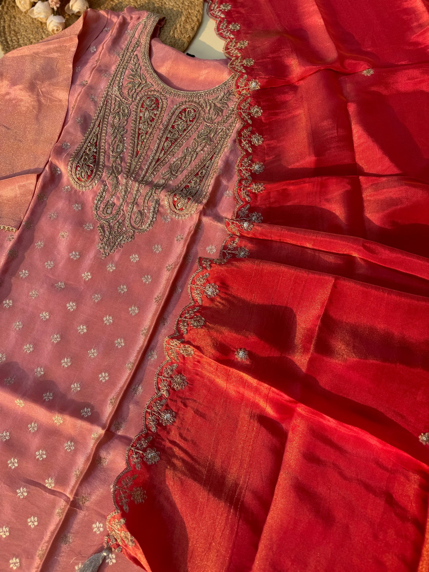 Pink Tissue ready to wear suit with scalloped dupatta