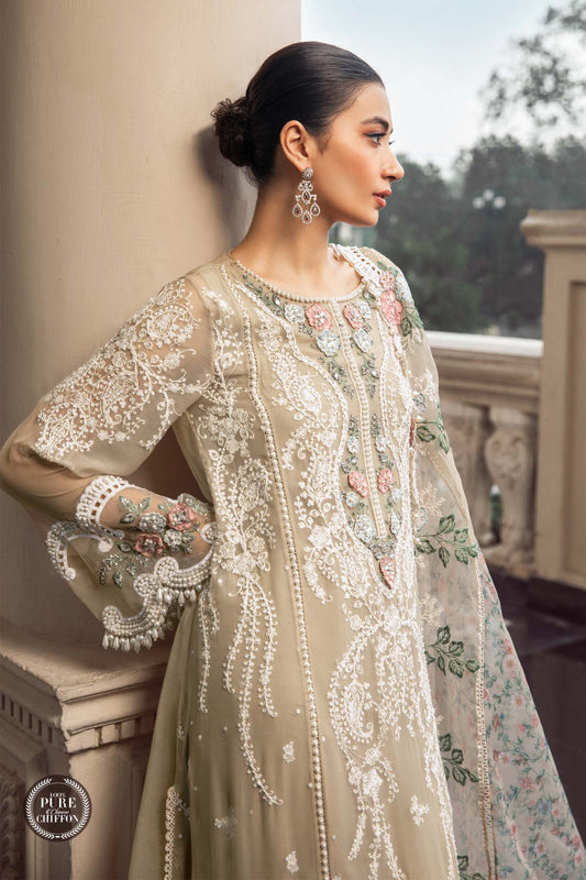 Pastel skin color semi stitchrd suit with pearls loaded-358