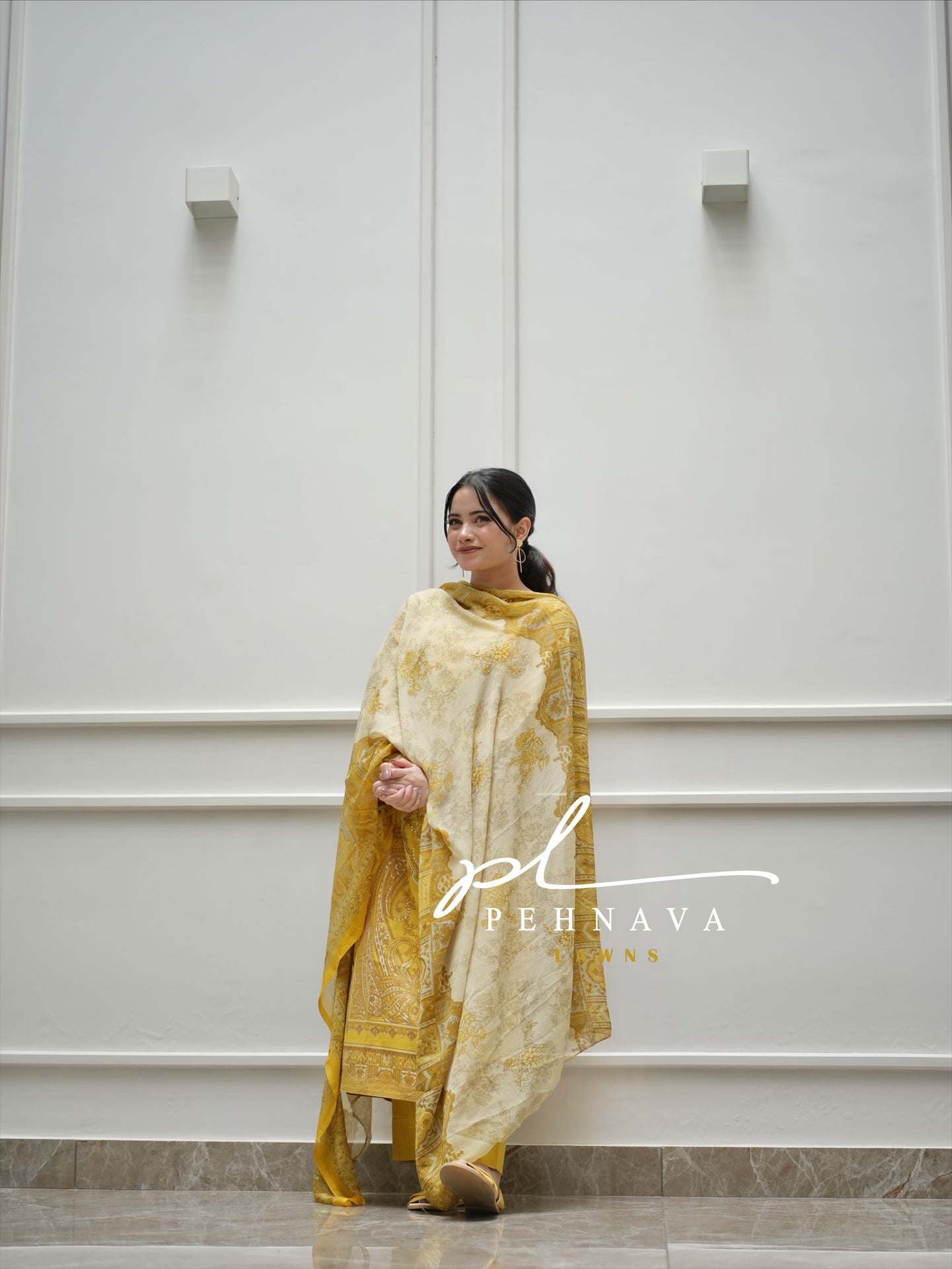 Printed yellow casual suit with chiffon dupatta-3197