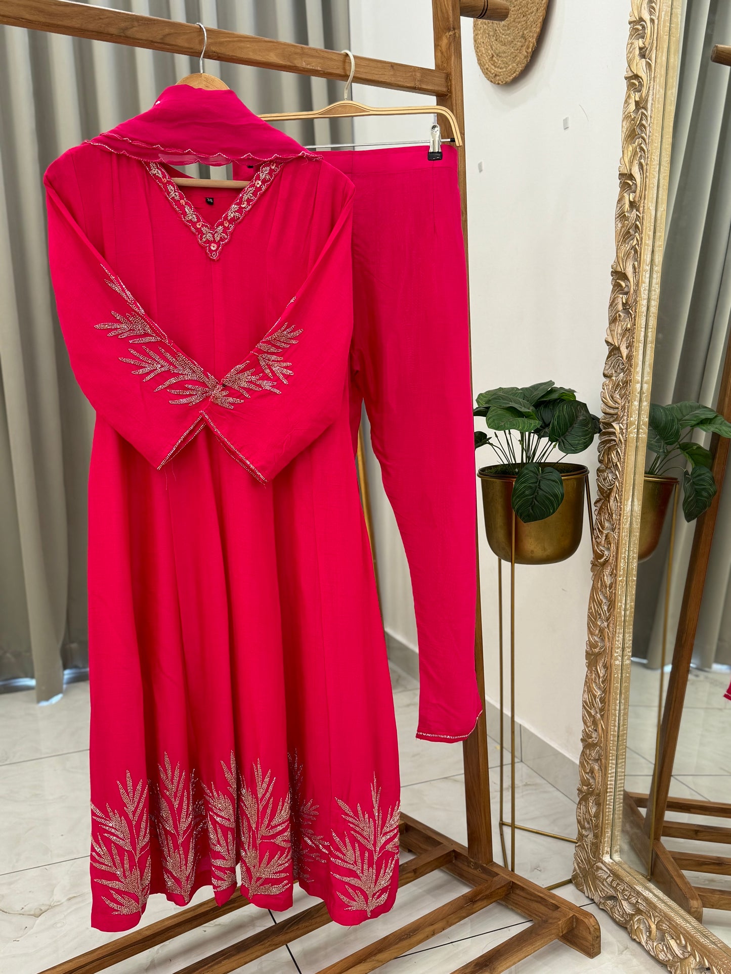 Silk anarkali  hand embroidered -hot pink