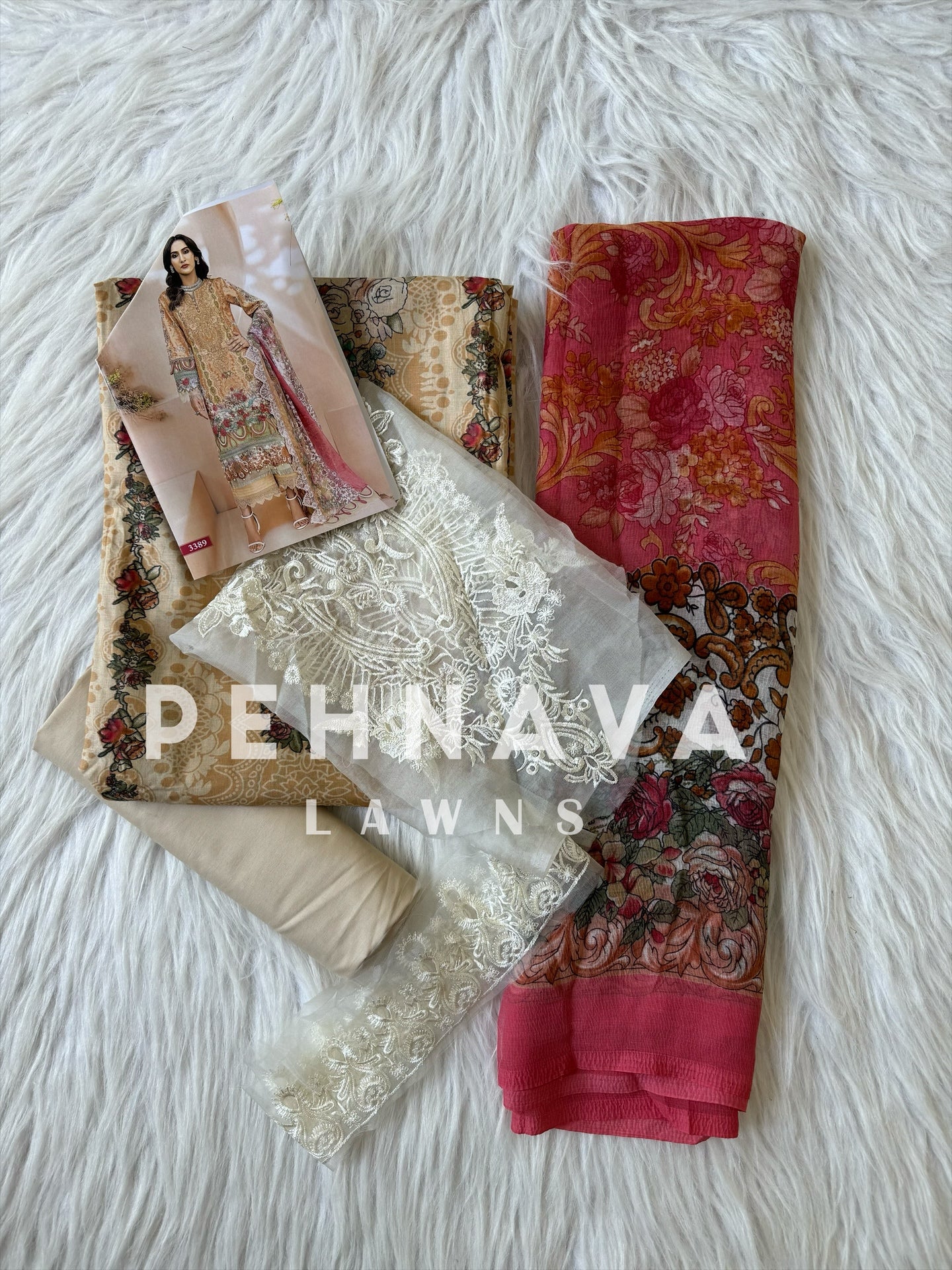 Printed casual suit with chiffon dupatta - 3389