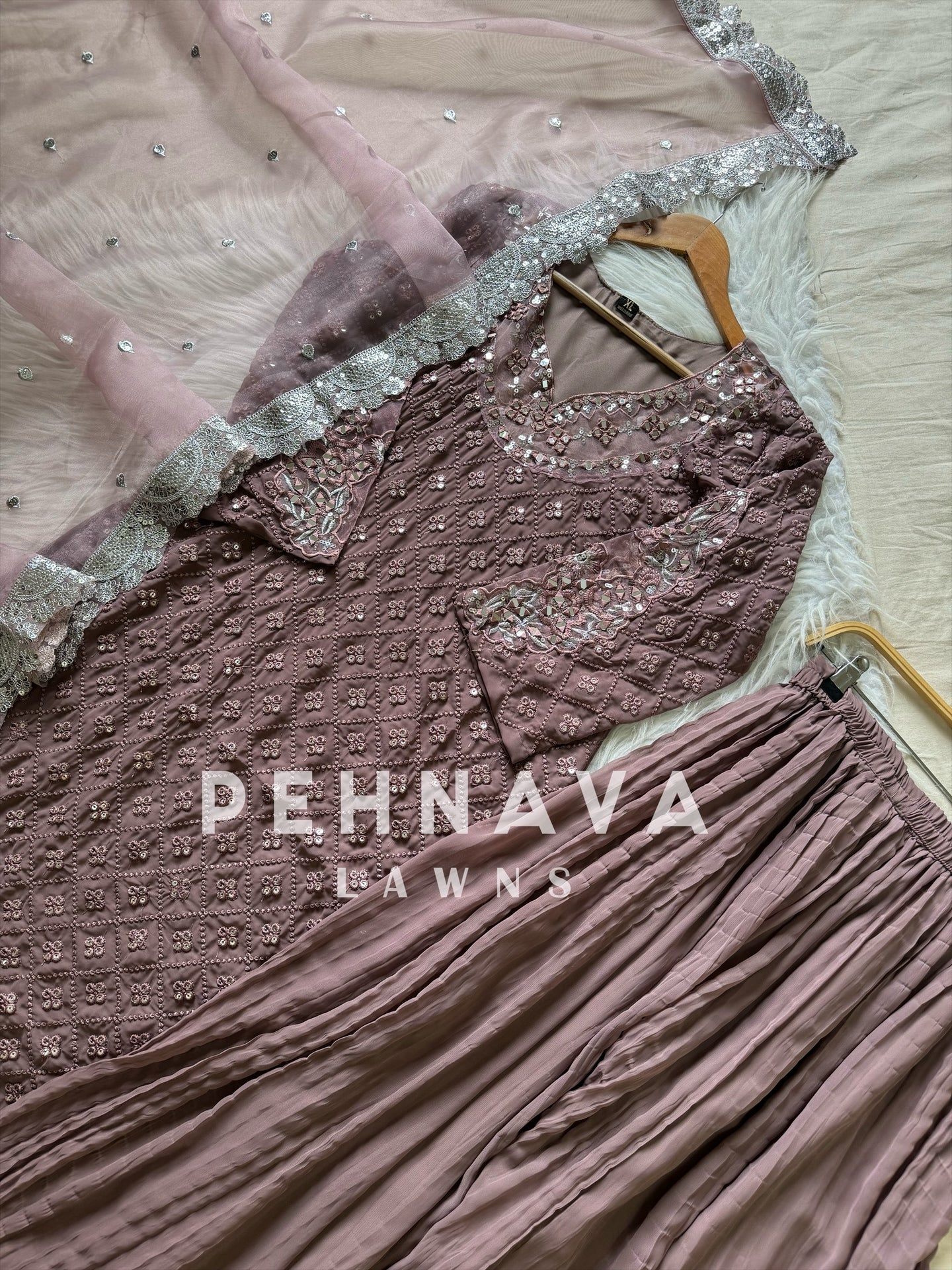 Designer party wear long pakistani suit-mauve