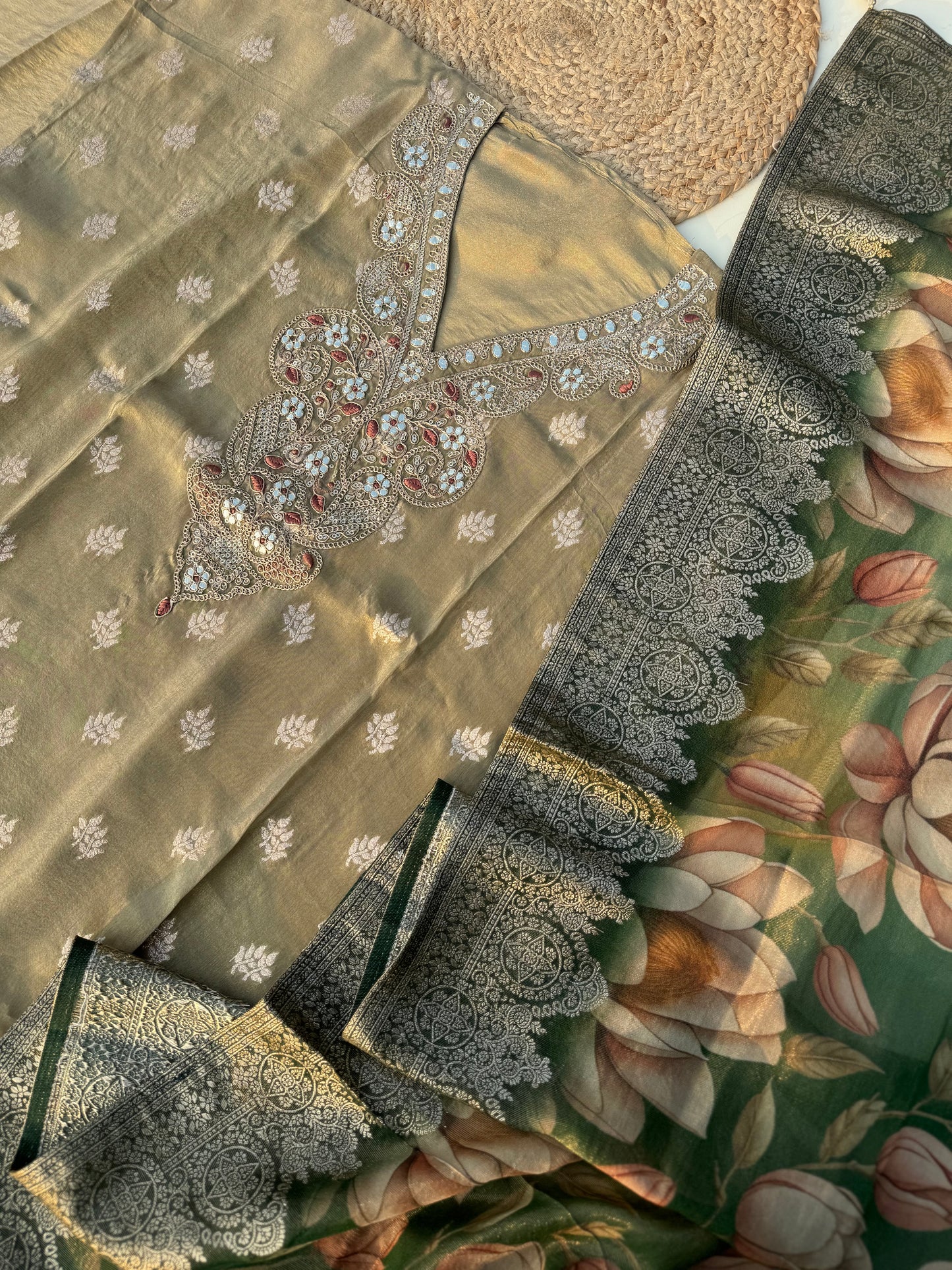 Tissue silk with banarsi weave unstitched suit