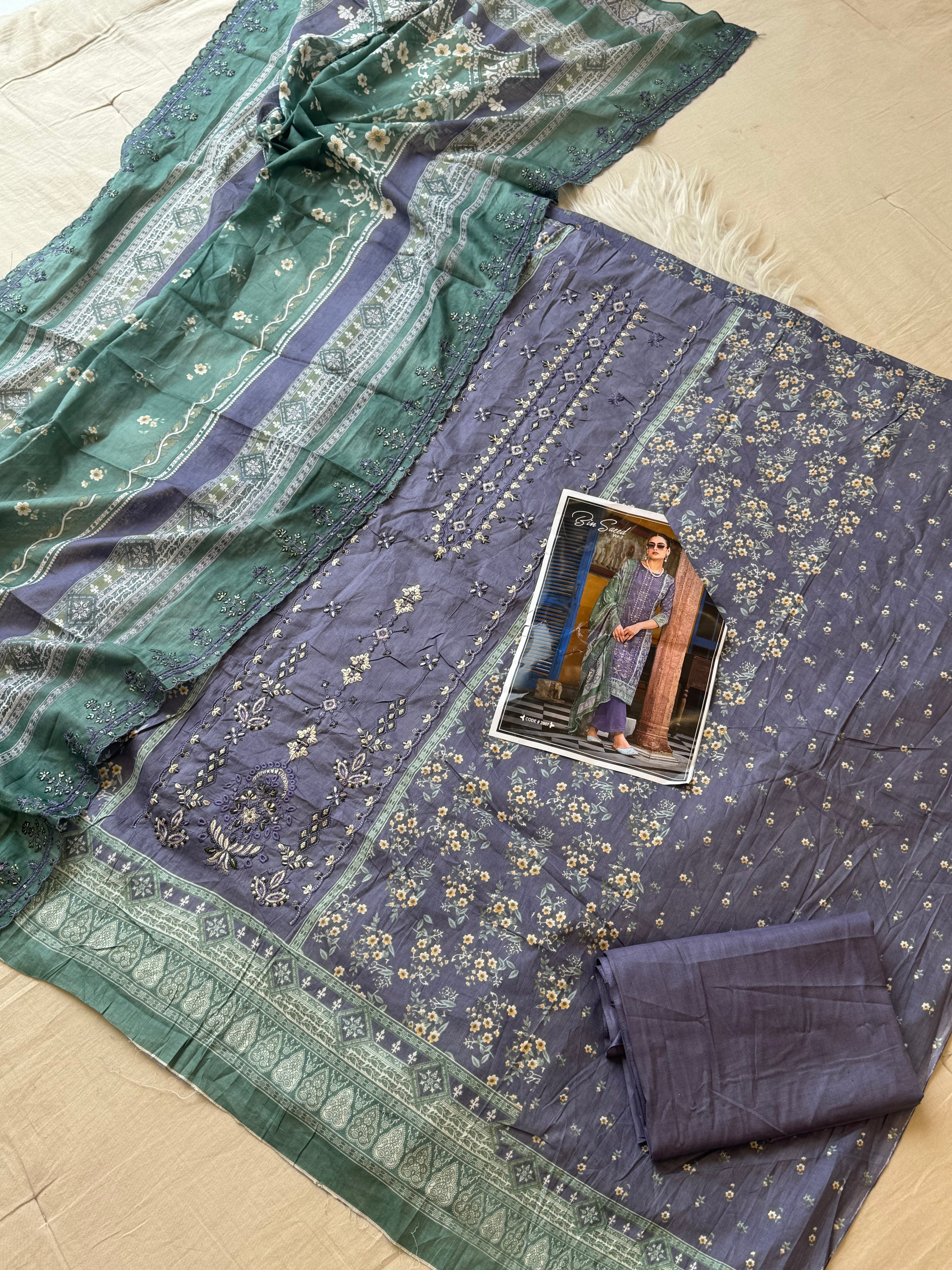 Cotton embroidered top and Dupatta with plain bottom -2007