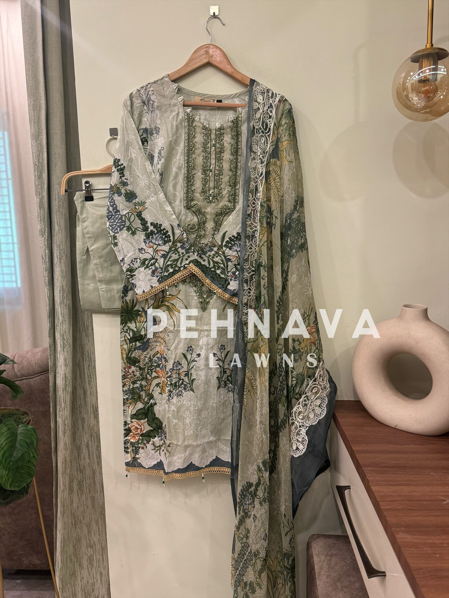 Printed casual suit with chiffon embroidered dupatta-7043