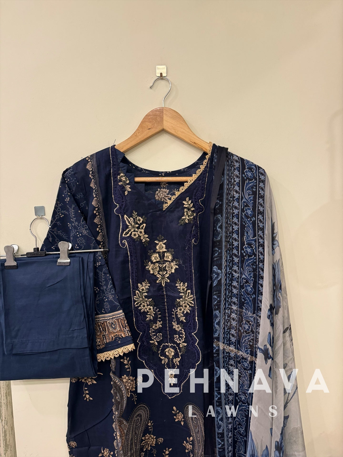 Stitched Navy blue Printed casual suit with chiffon dupatta -496