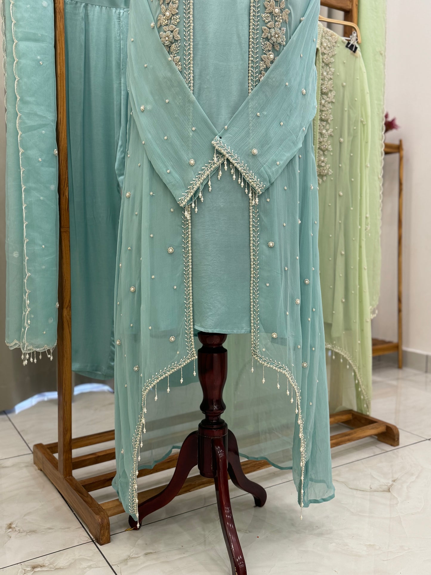 Premium Chiffon handworked jacket style with scalloped organza dupatta