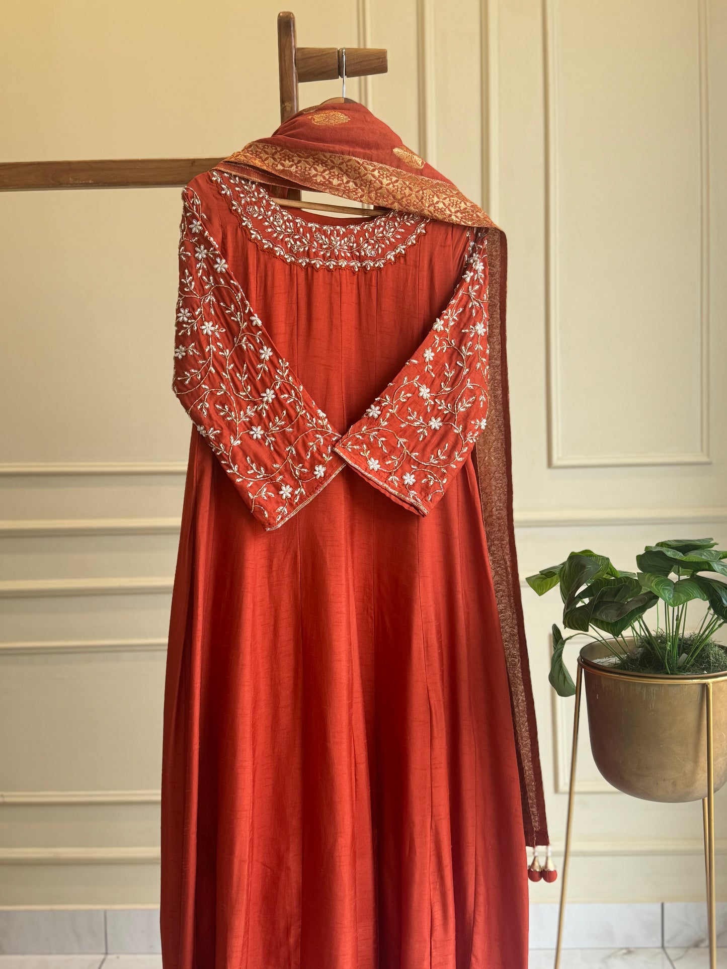 Rust shade Gown with banarsi woven dupatta