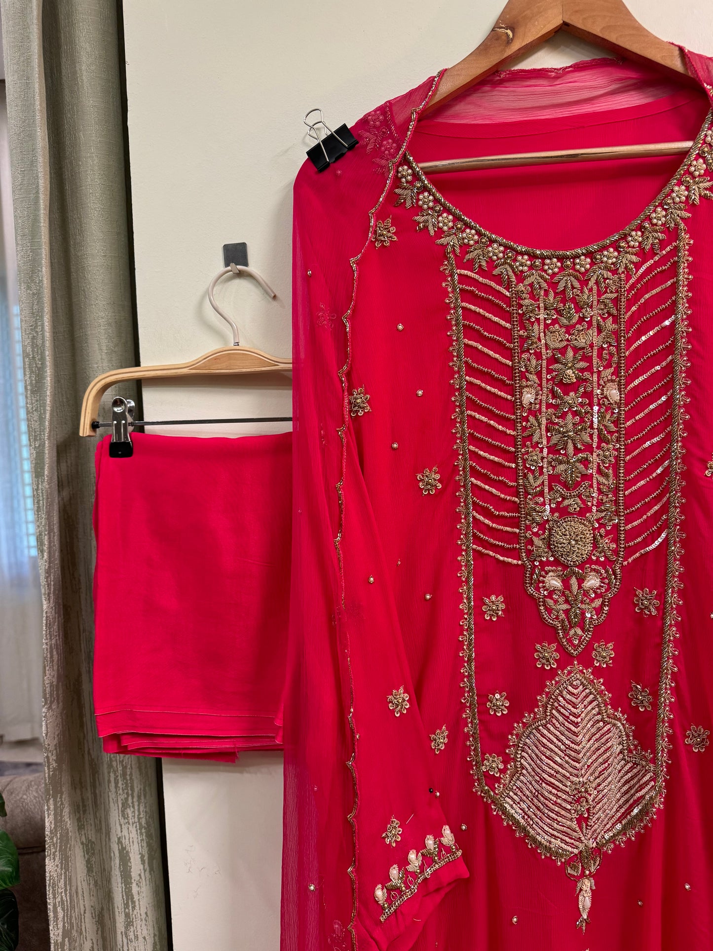 Premium chiffon handwork semi-stitched suit-hot pink