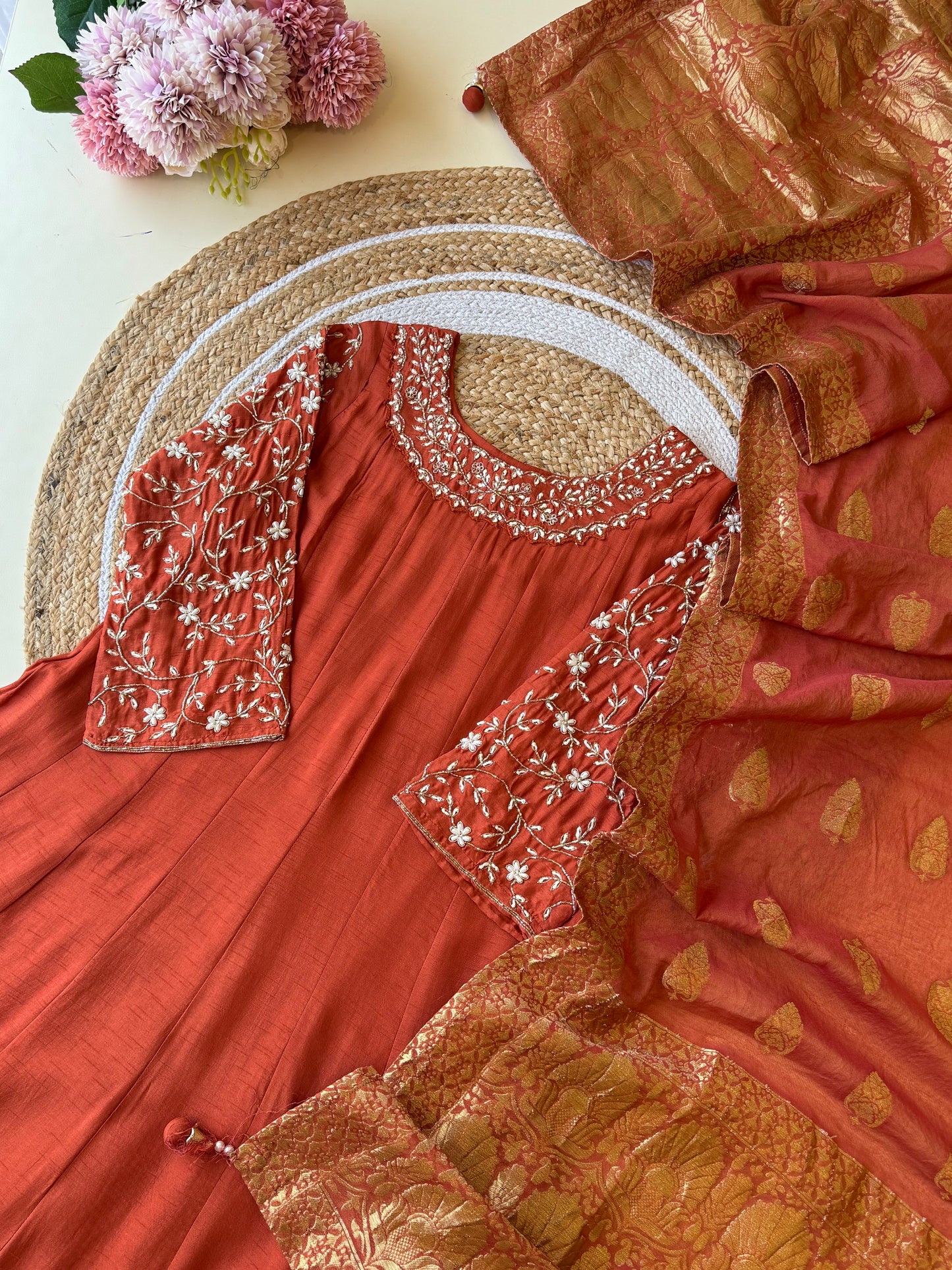 Rust shade Gown with banarsi woven dupatta