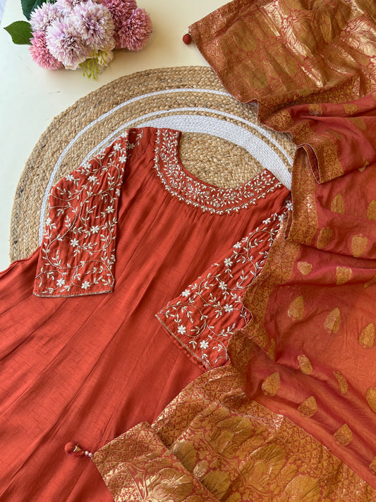 Rust shade Gown with banarsi woven dupatta