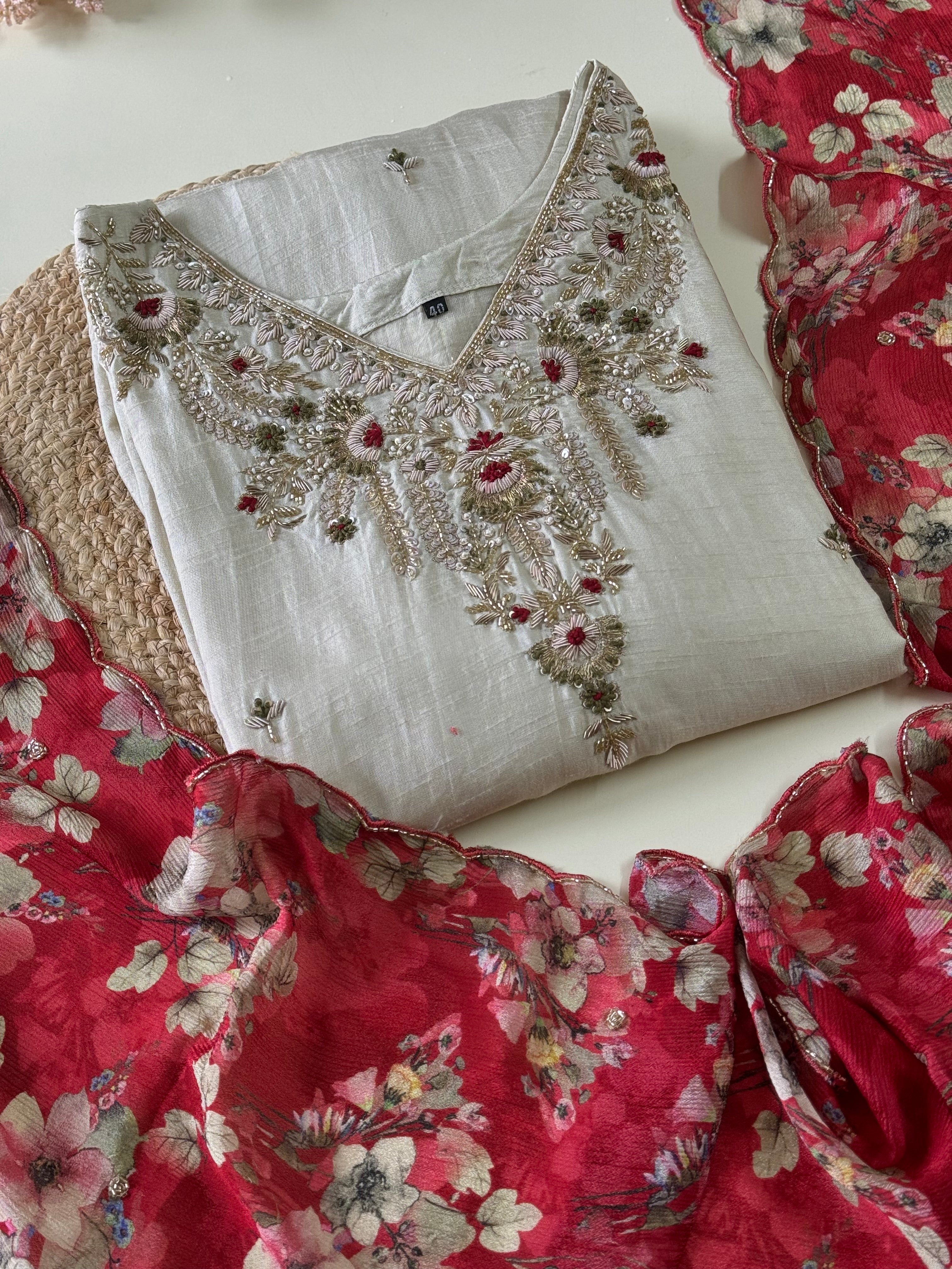 Classy silk suit with floral chinnon dupatta