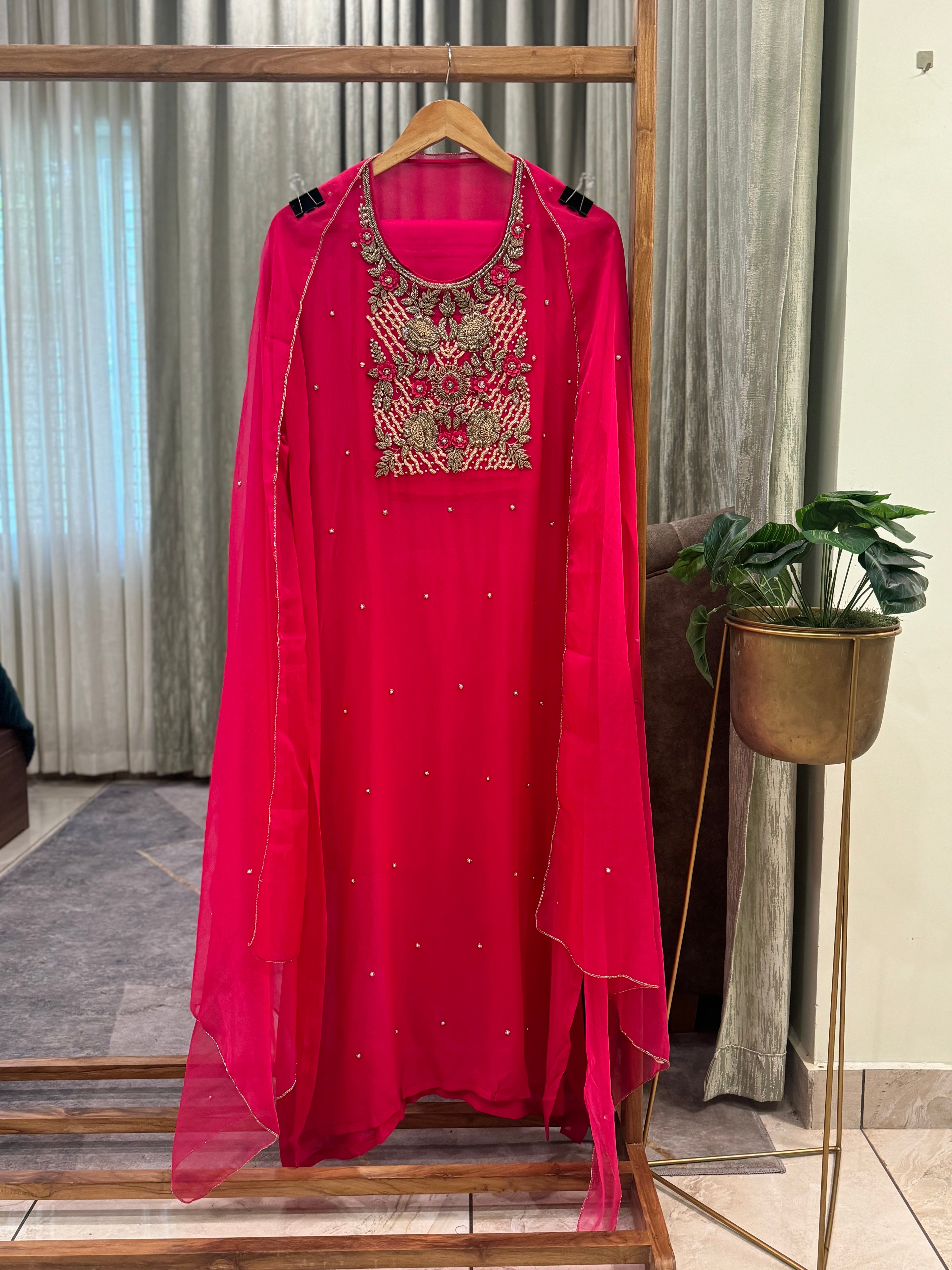 Premium Chiffon handwork suit with organza dupatta-017