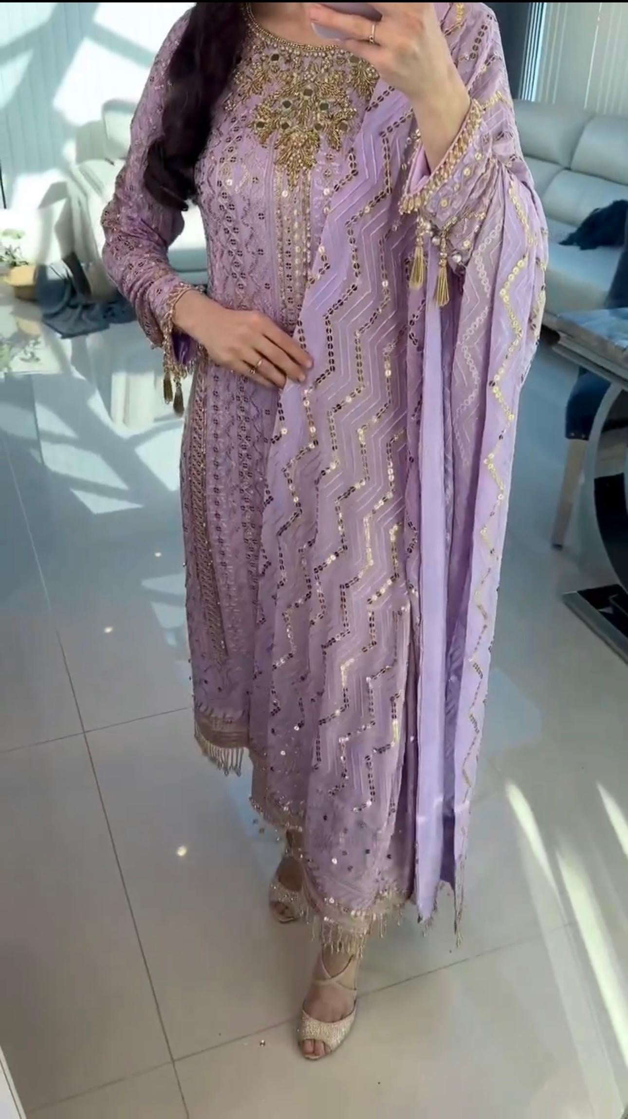 Lavender Embroidered georgette suit with mirror embroidery and moti latkan