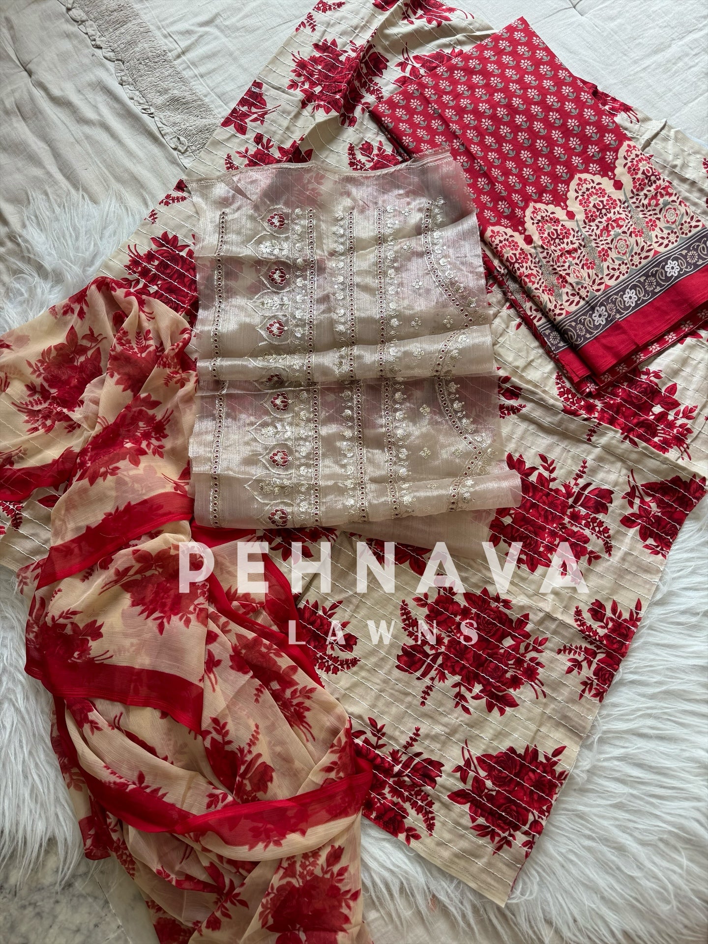 Fully embroidered floral suit with chiffon dupatta-3456