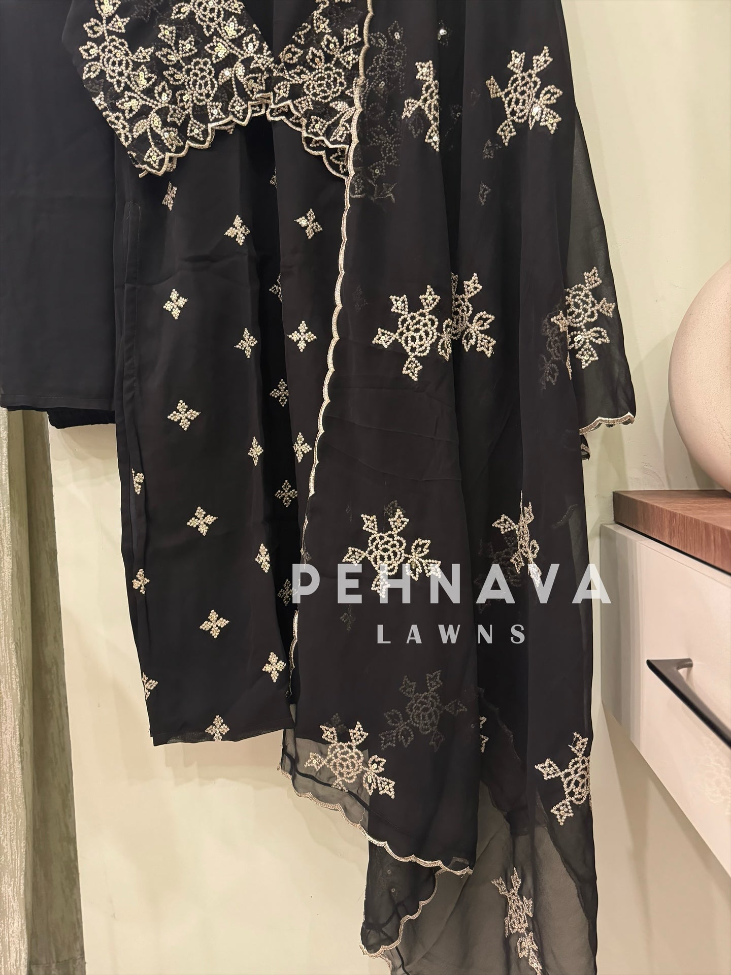 Premium designer ready to wear 3 peice embroidered suit-black