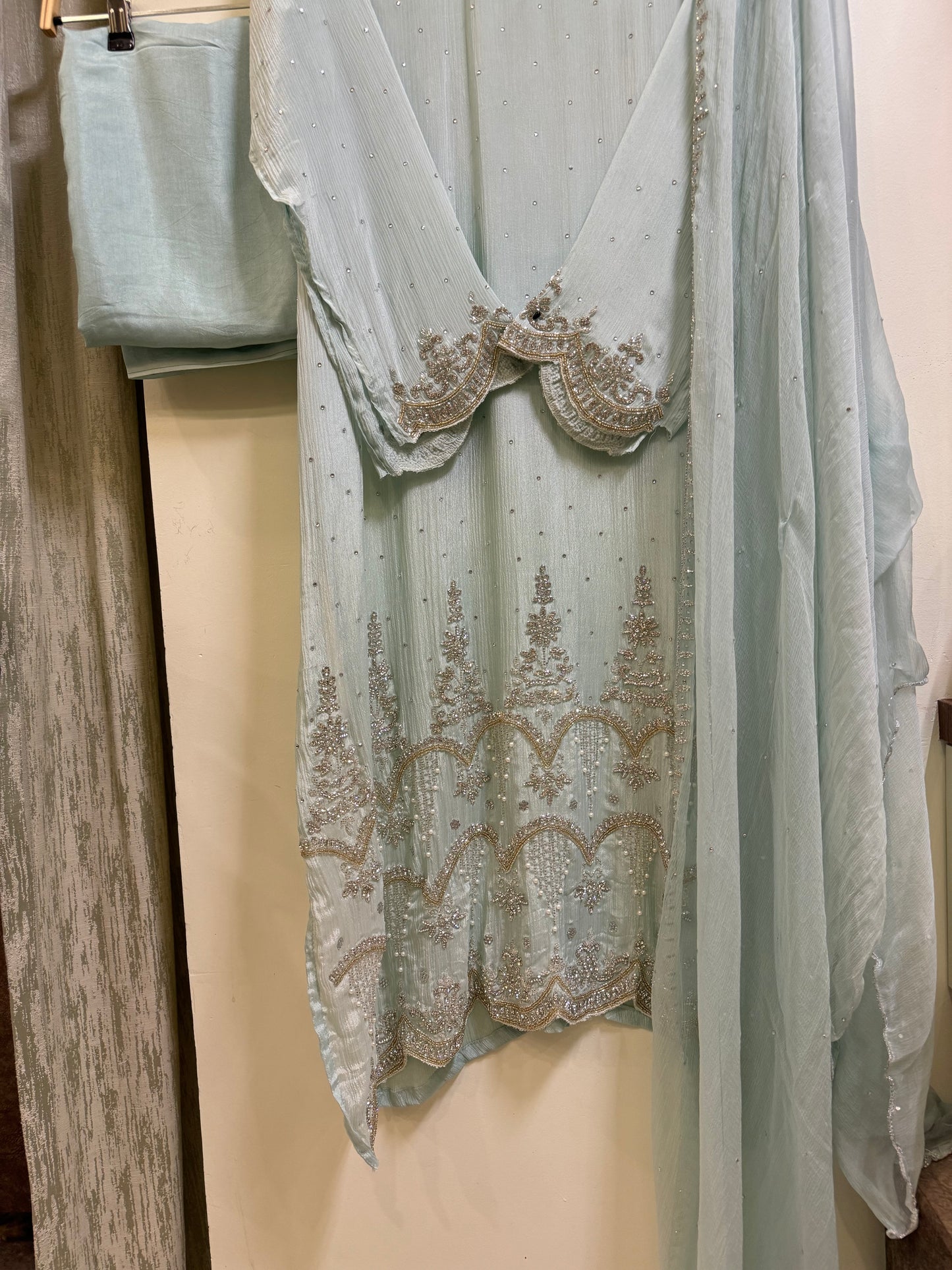 Premium chiffon handwork semi-stitched suit-pastel green