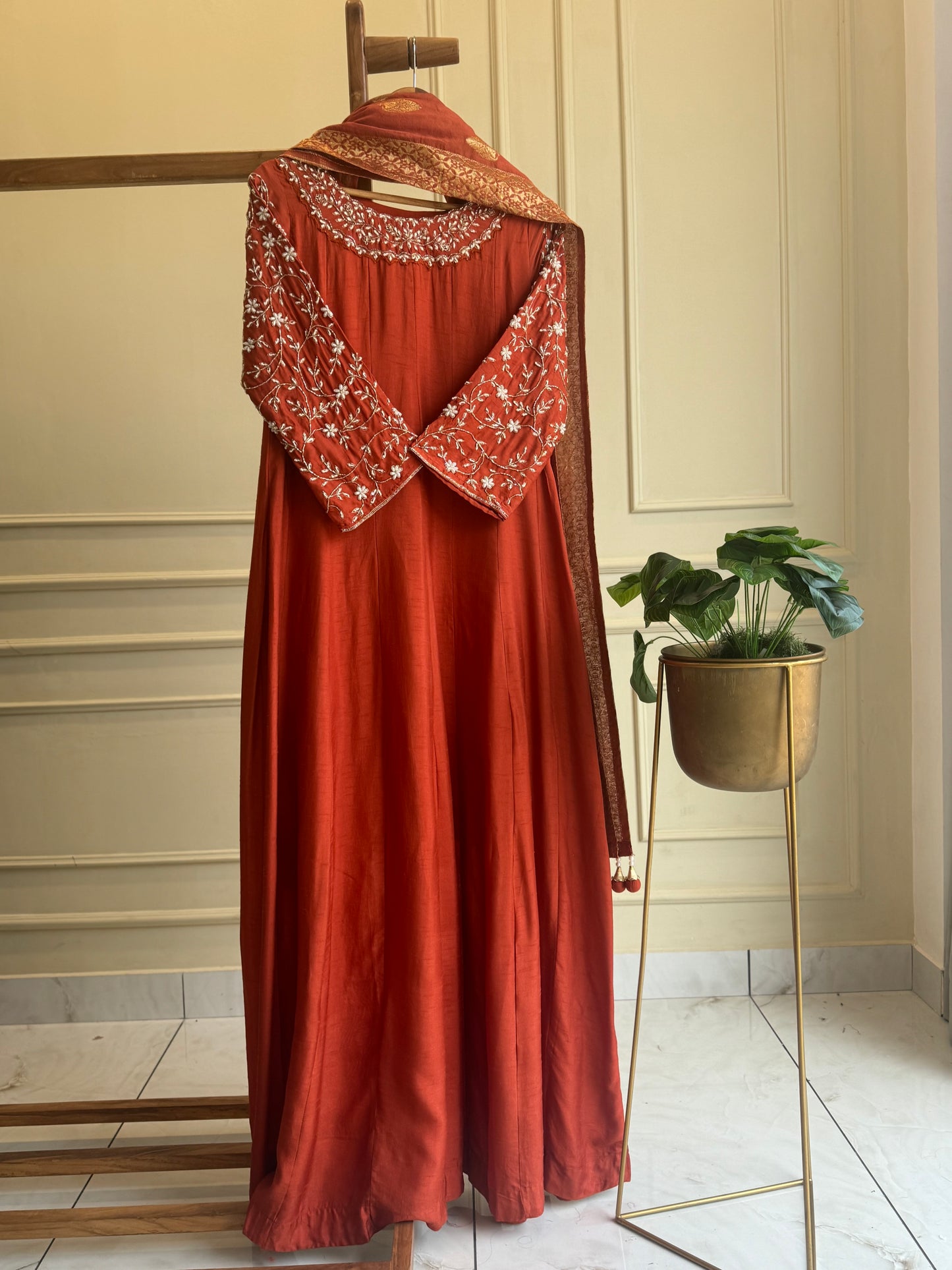 Rust shade Gown with banarsi woven dupatta