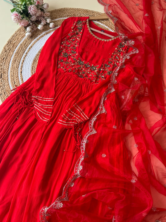 Red anarkali gown with organza scalloped dupatta -4219