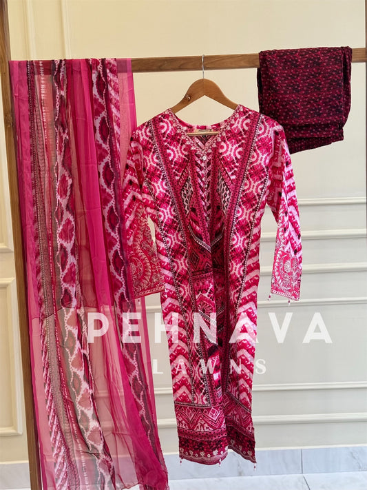 Pakistani printed  suit with chiffon dupatta-7058