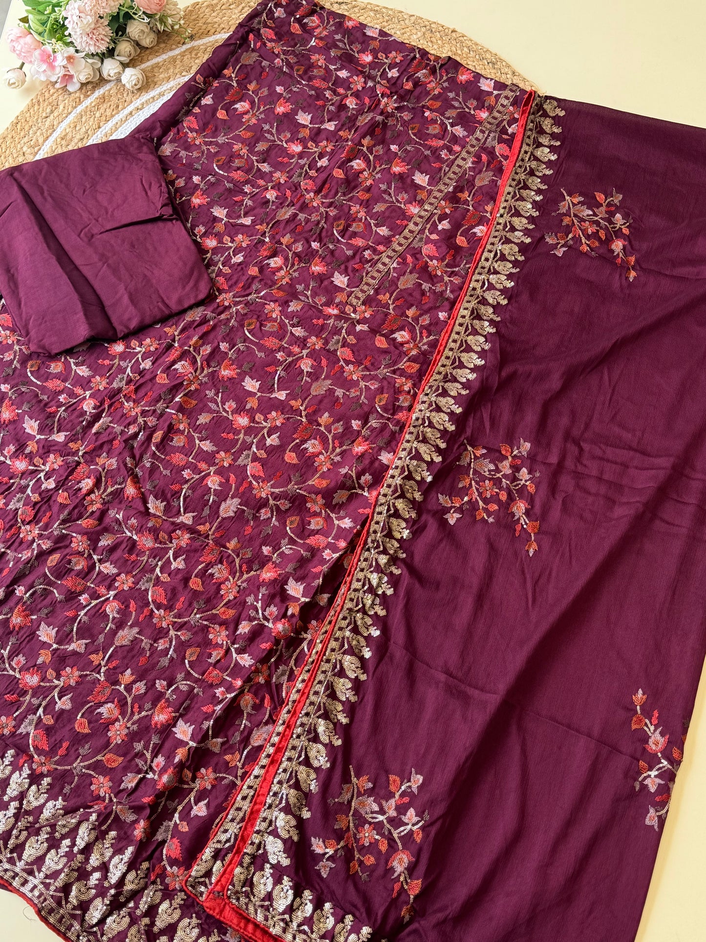 Chandheri silk embroidered suit with zari embroidery and chinnon dupatta