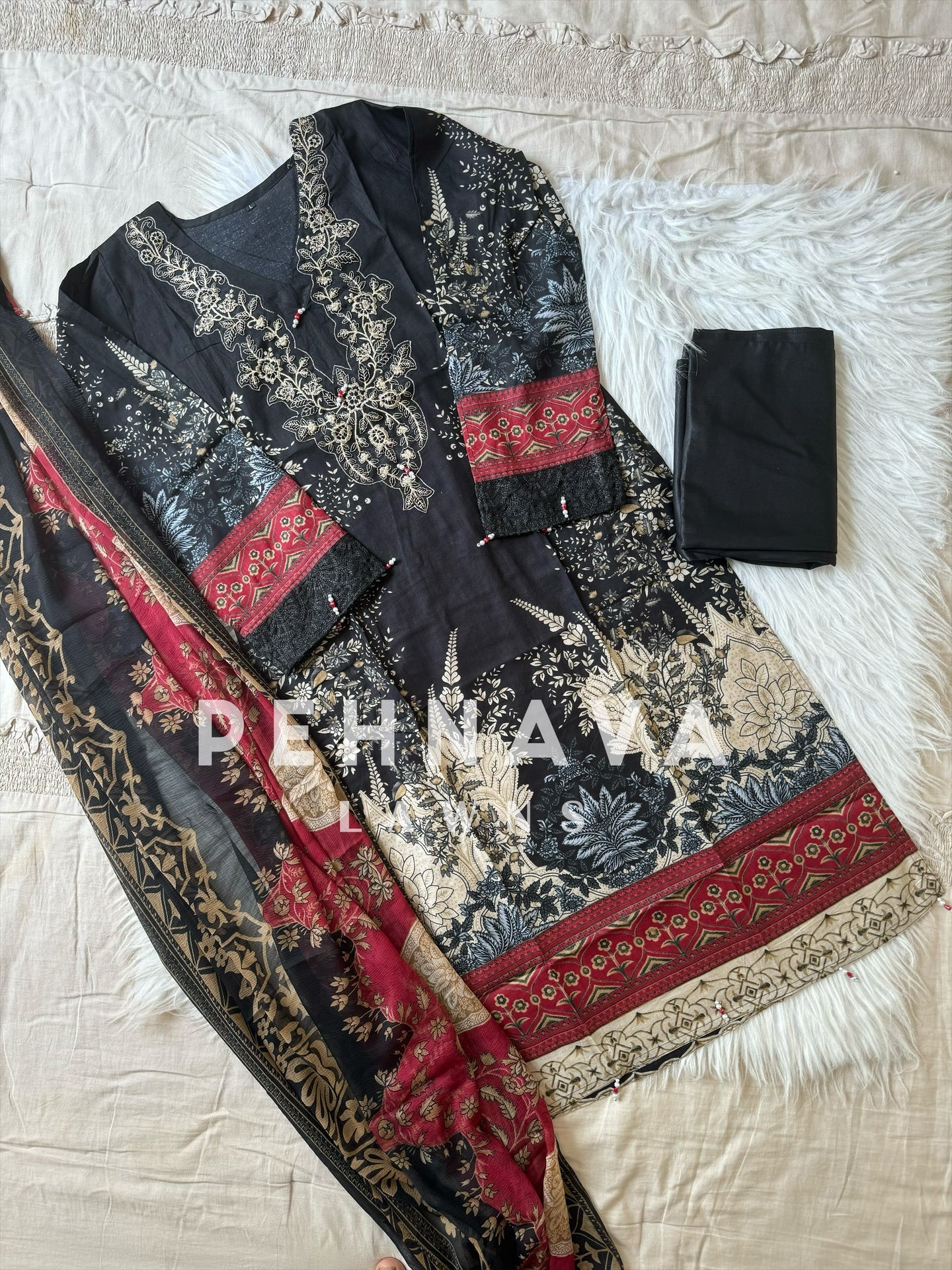 Printed cotton suit with chiffon dupatta-1004