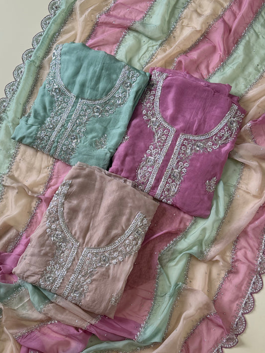 Premium viscose organza with  fully handworked dupatta