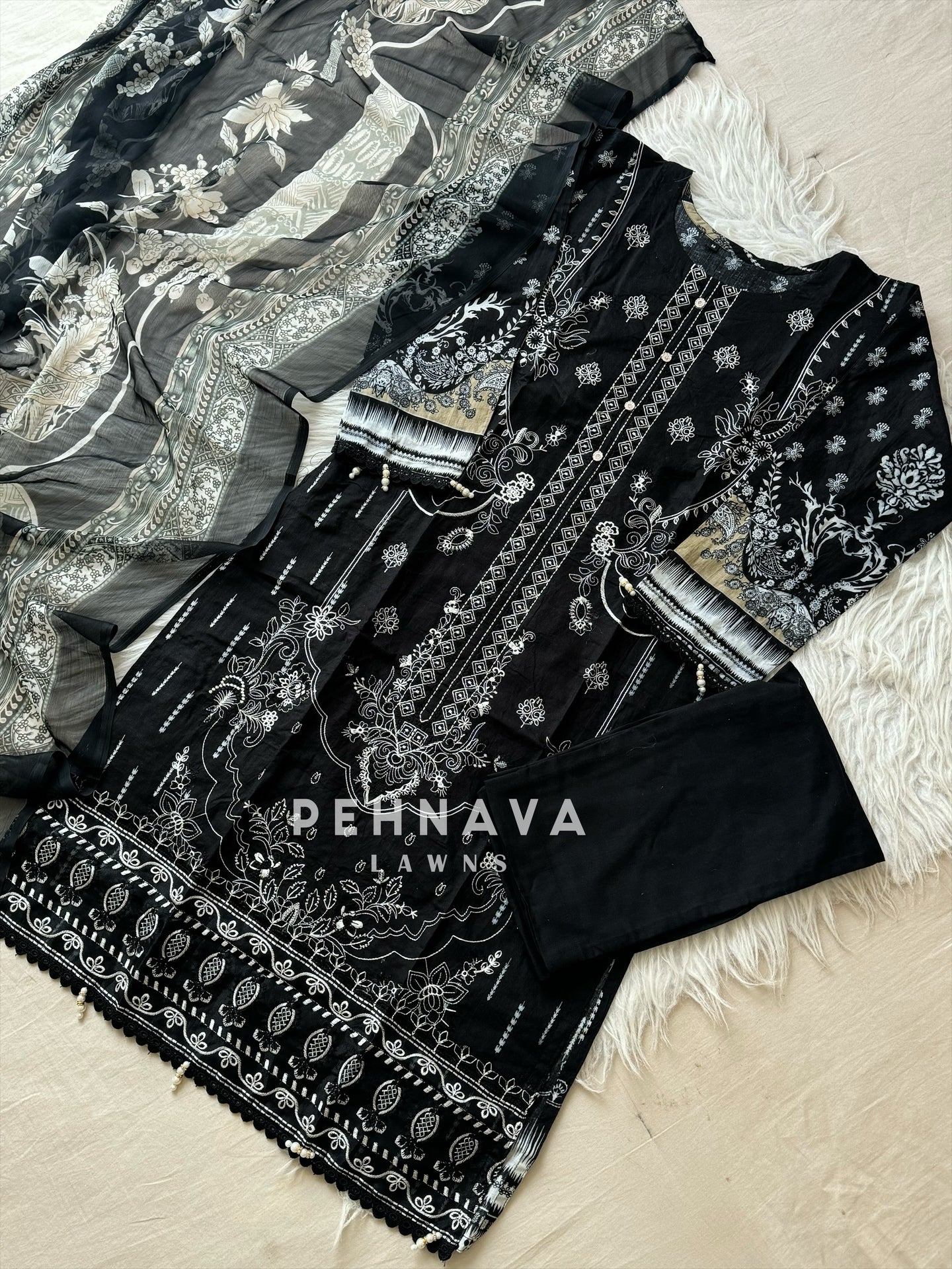 Cotton embroidered with chiffon Dupatta -3432 Black