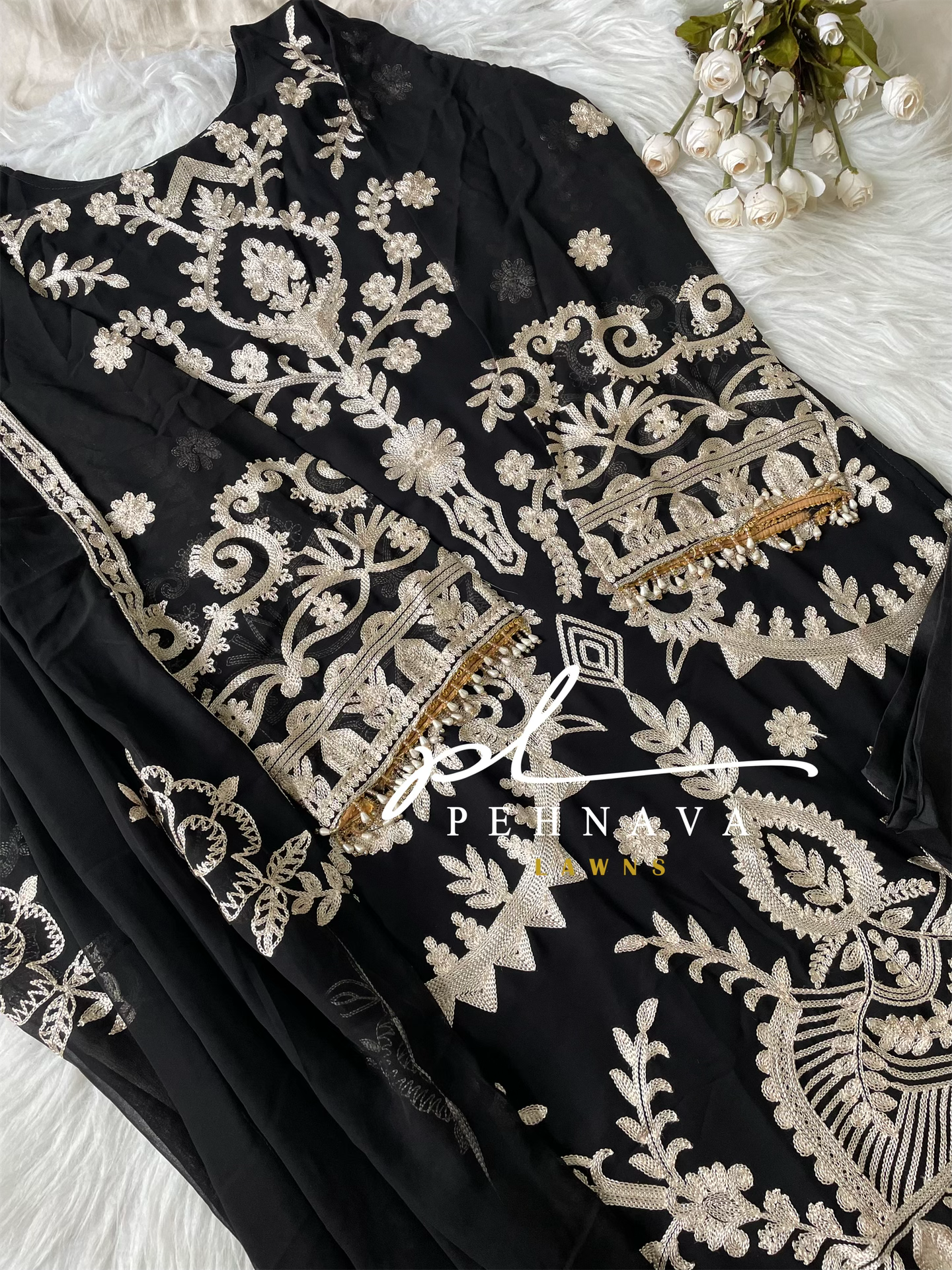 Embroidered georgette suit with moti latkan