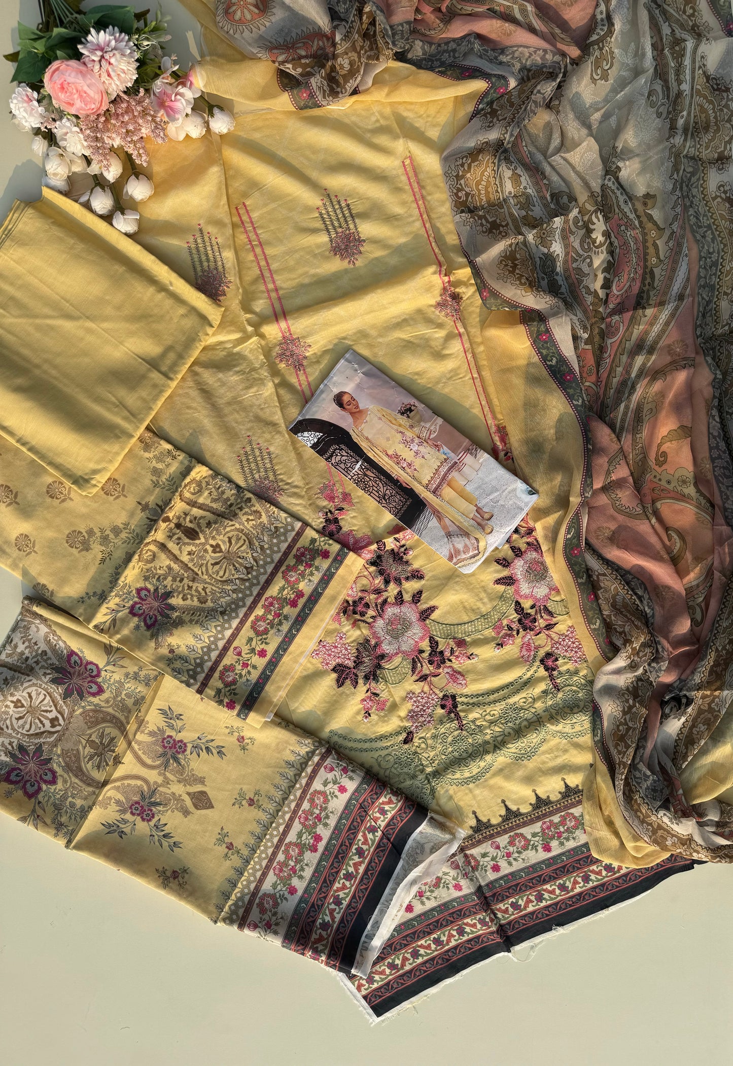 Pure lawn suit with full size chiffon dupatta-yellow