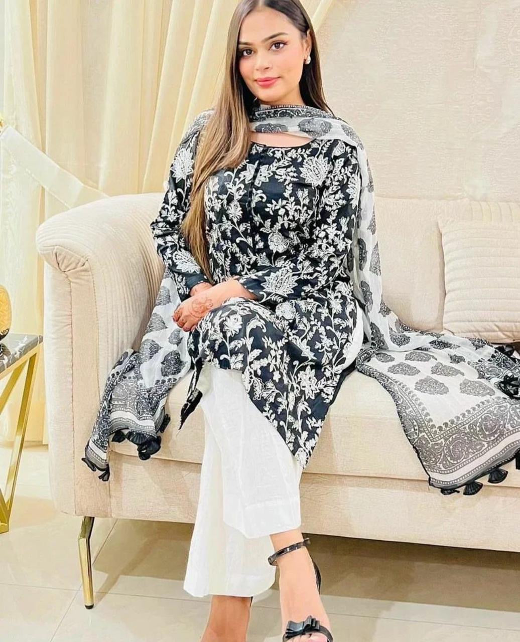 Beautiful black and white embroidered suit with chiffon dupatta