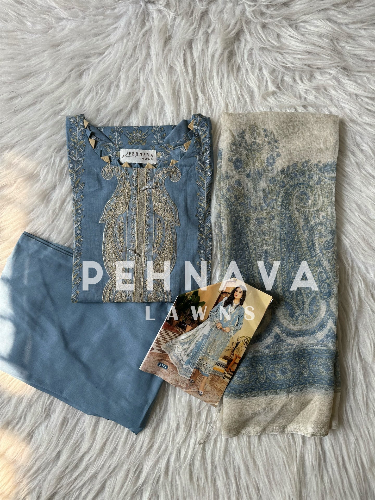 Beautiful blue Printed casual suit with chiffon dupatta -3311