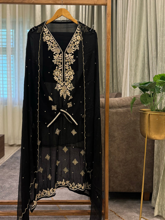 Premium Chiffon handwork suit with  bottom and chiffon scalloped dupatta-Noor