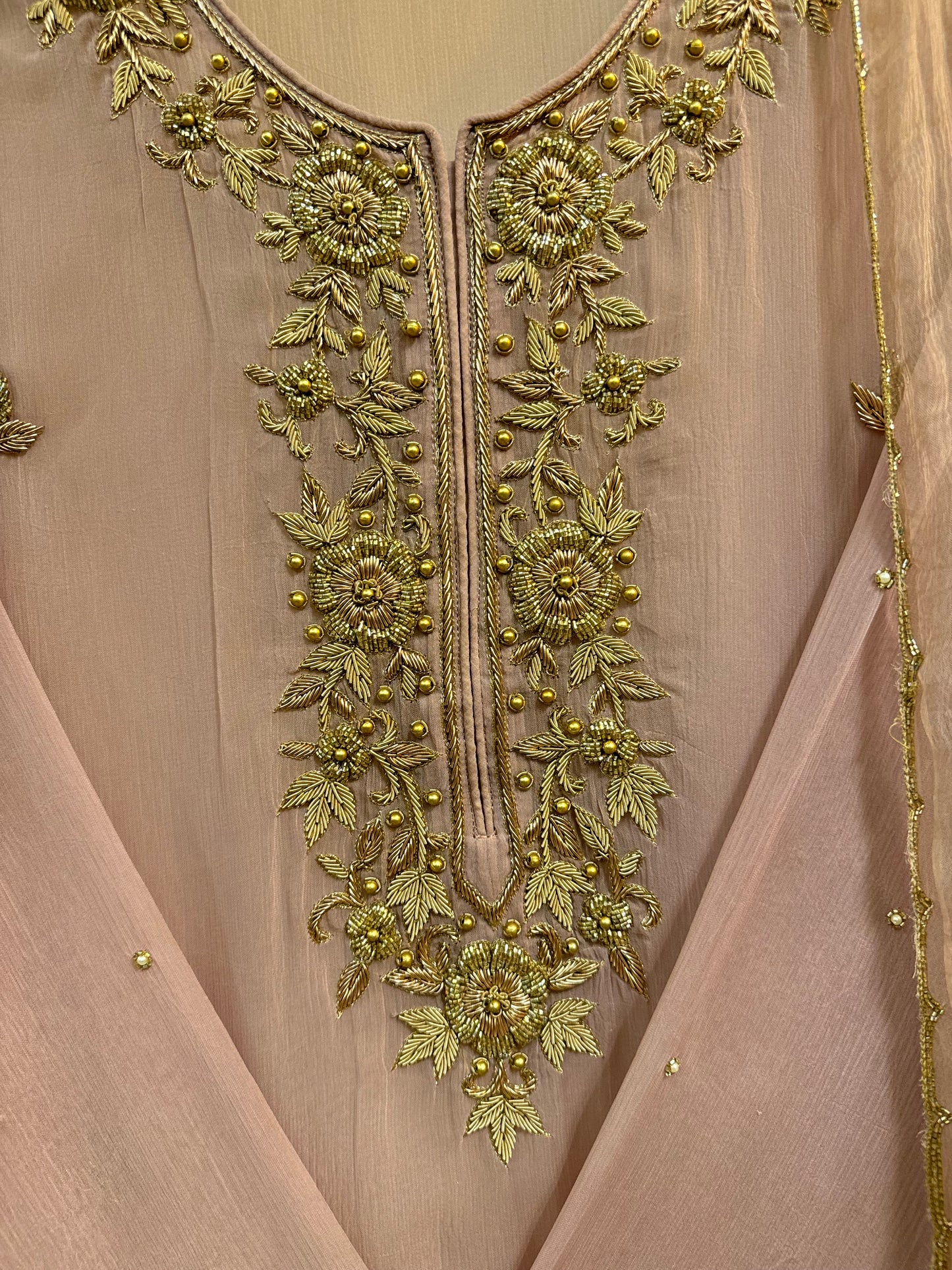 Premium Chiffon handwork suit with  bottom and chiffon scalloped dupatta