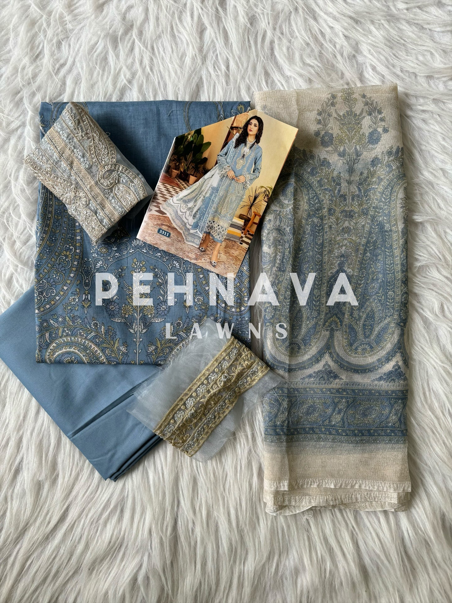 Beautiful blue Printed casual suit with chiffon dupatta -3311