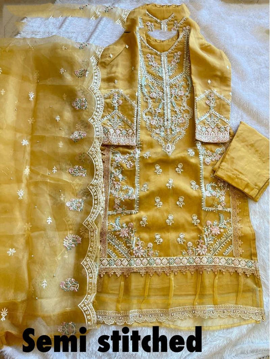 Yellow Organza semi stitched suit