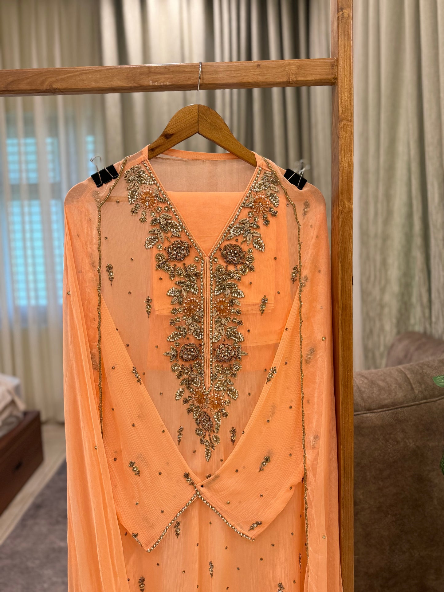 Premium Chiffon handwork suit with  bottom and chiffon scalloped dupatta