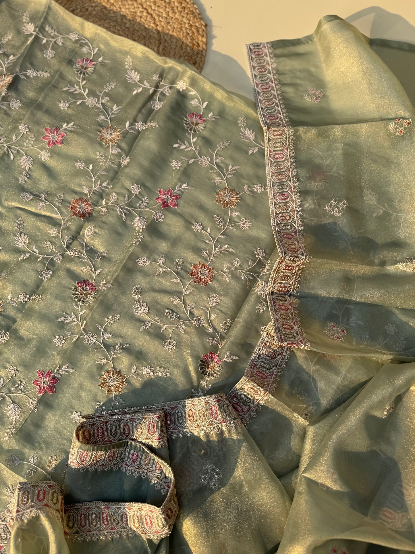 Pure tissue unstitched suit with tissue dupatta