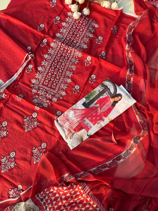 Pure lawn suit with full size chiffon dupatta-red