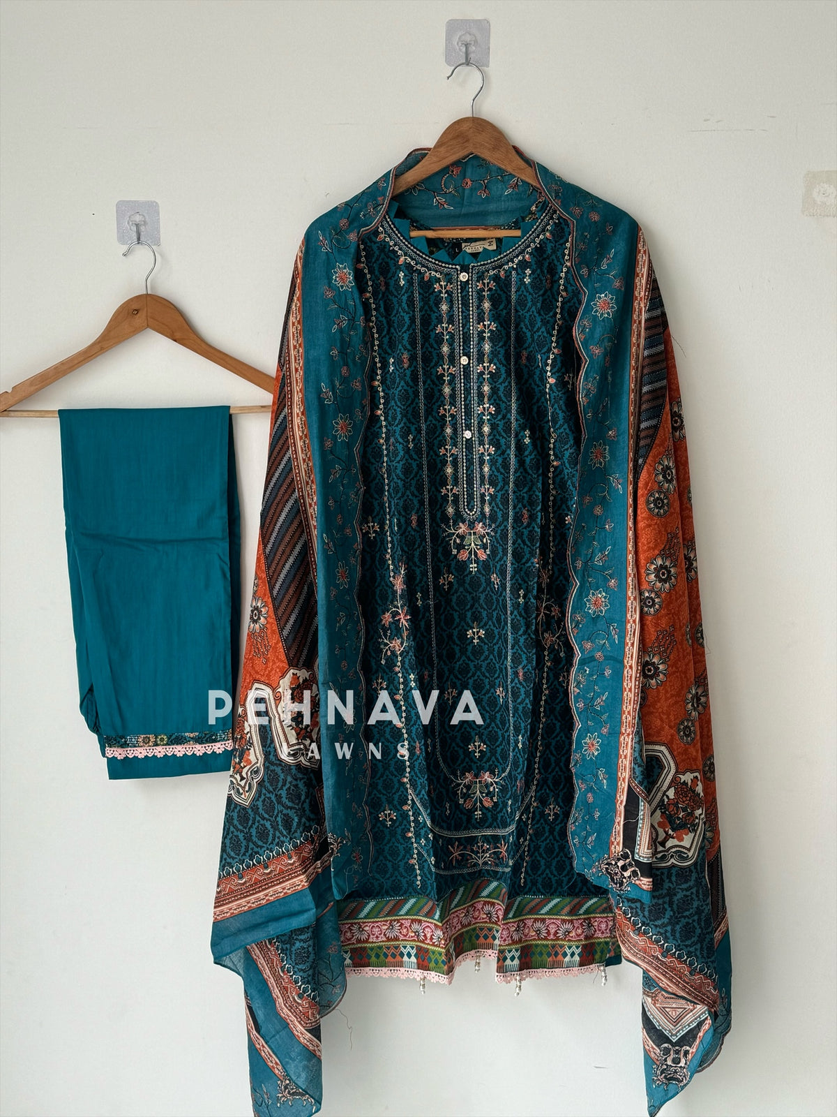 Cotton embroidered top and Dupatta with plain bottom -2006