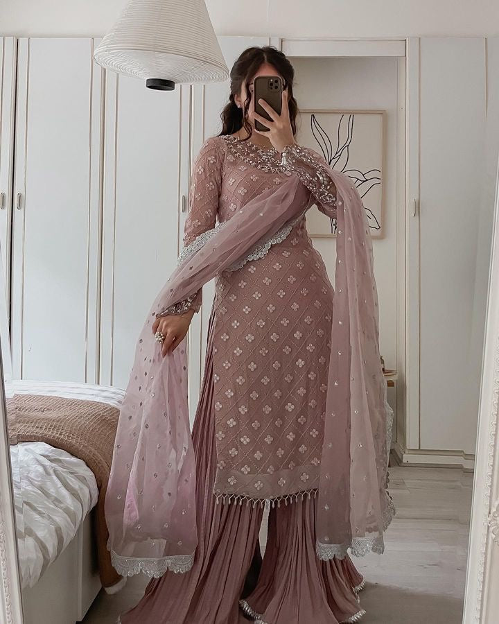 Designer party wear long pakistani suit-mauve