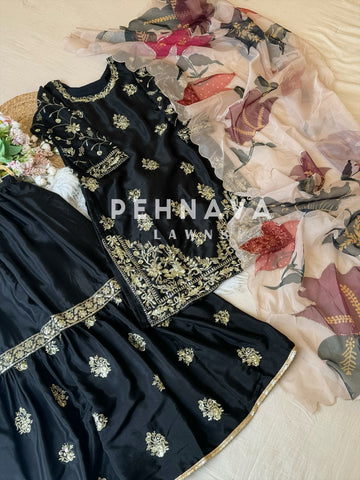 Chinnon embroidered suit with sharara and painted pattern dupatta