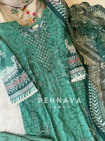 Cotton embroidered with chiffon Dupatta -3433 green