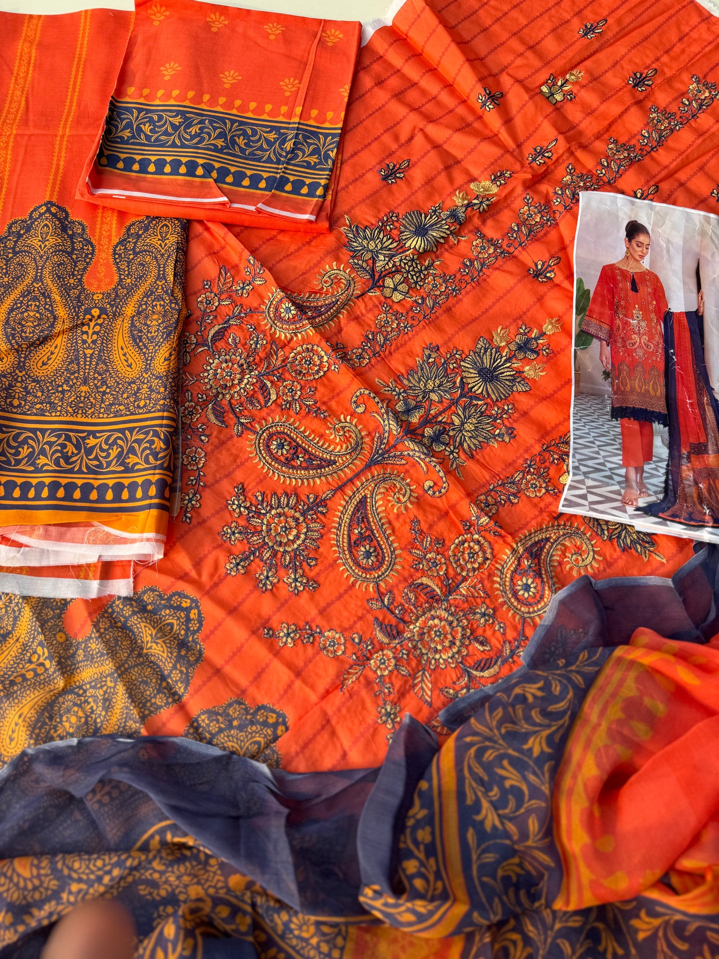 Pure lawn suit with full size chiffon dupatta-orange