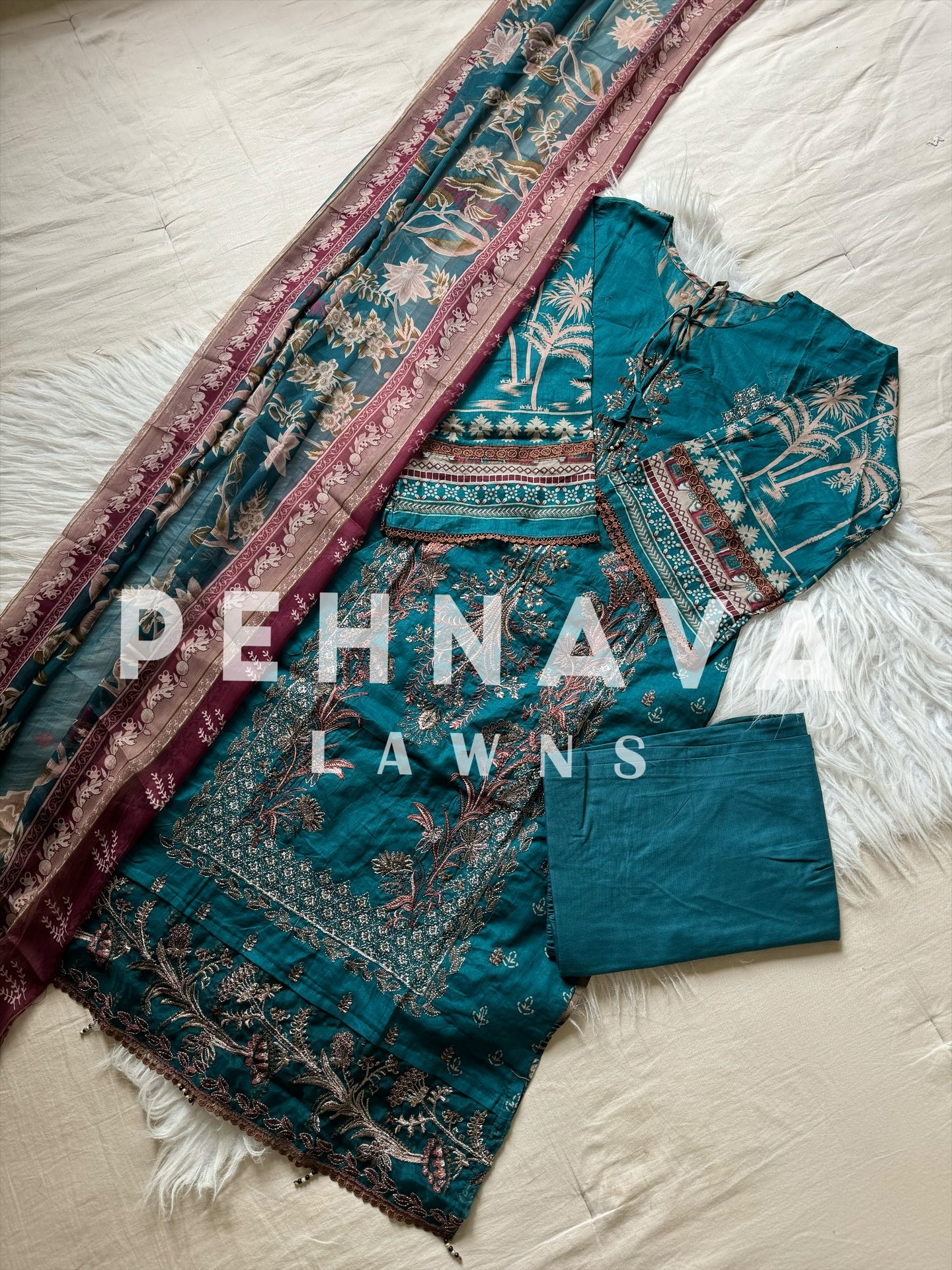 Embroidered cotton suit with chiffon dupatta -color options