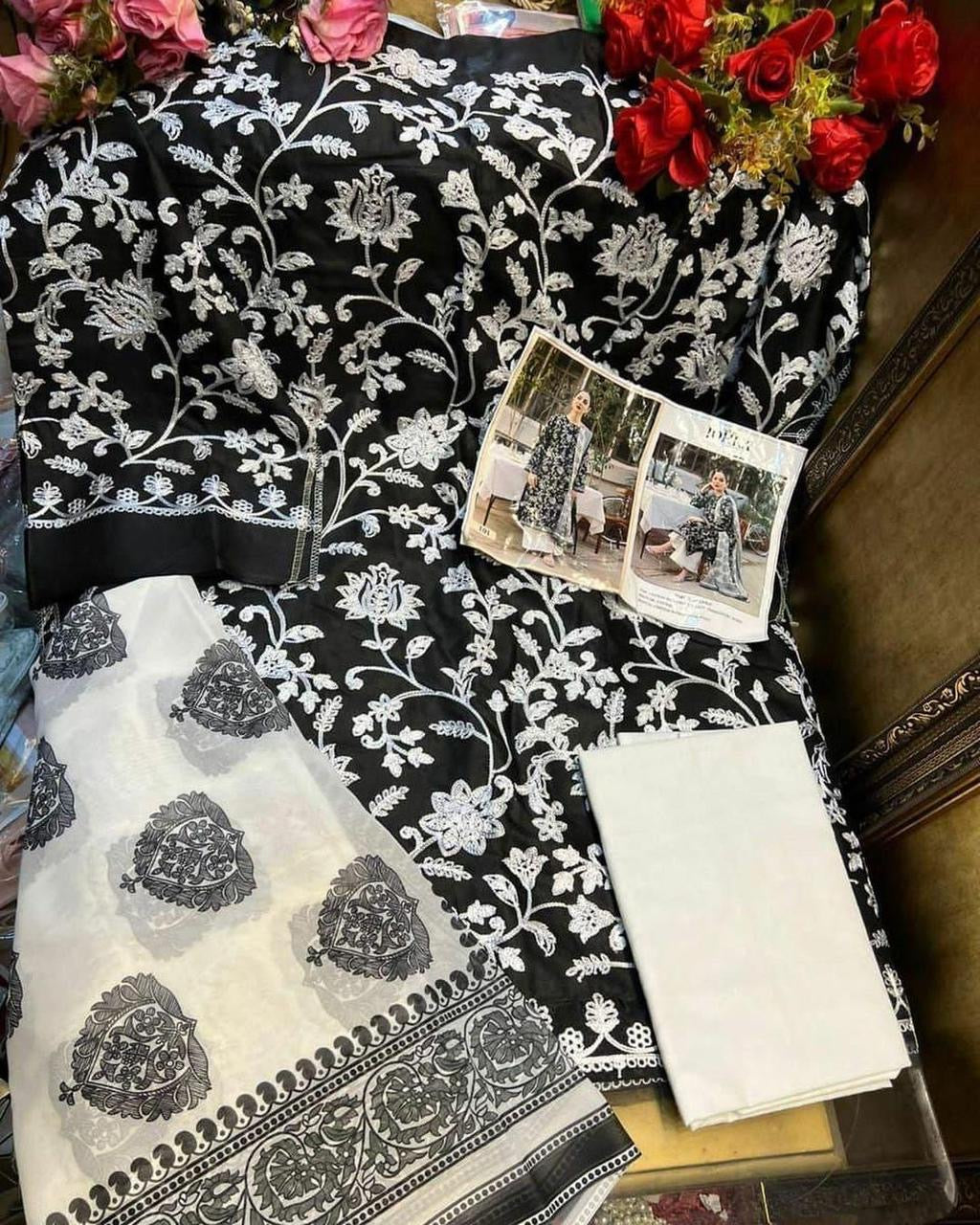 Beautiful black and white embroidered suit with chiffon dupatta