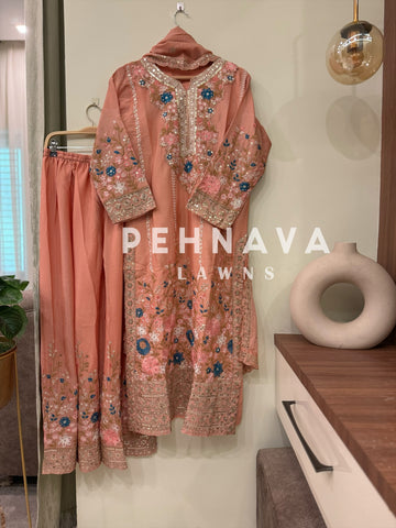 Chinnon embroidered ready to wear suit with wide palazzos-3 color options