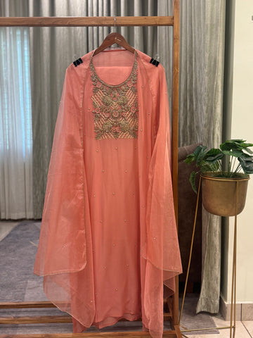 Premium Chiffon handwork suit with organza dupatta-017